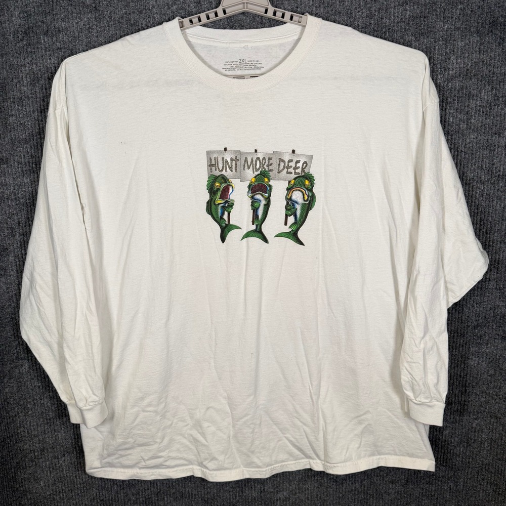 Vintage Hunt More Deer Fish Graphic T-Shirt Mens 2XL White Long Sleeve USA Made